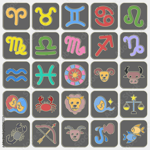 Icon set of zodiac horoscope. Zodiac horoscope elements. Icon in embossed style.