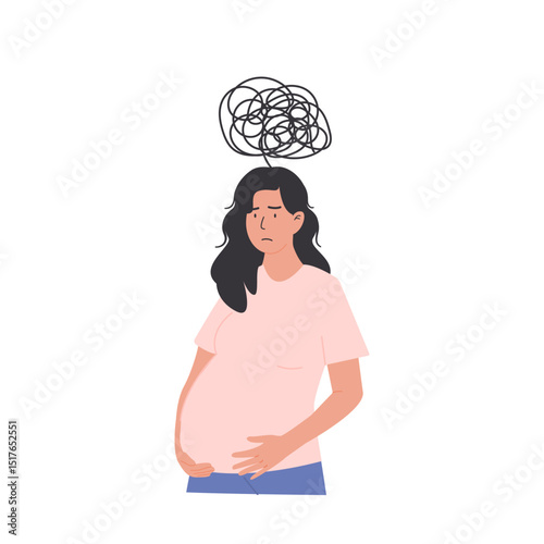 Confused pregnant woman with mixed thoughts, symbolizing mental load, uncertainty, and emotional overwhelm during pregnancy. Flat style vector illustration isolated on white background.