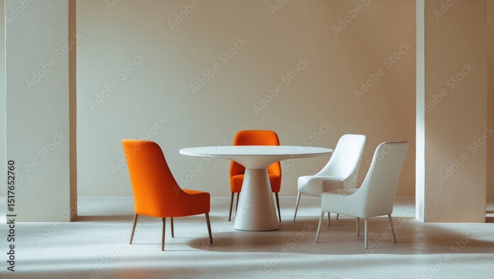 Obraz premium Chairs and a table set against a white wall with blank space for images