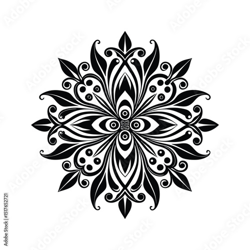 Exquisite black and white floral mandala design with detailed leaves and elegant curves