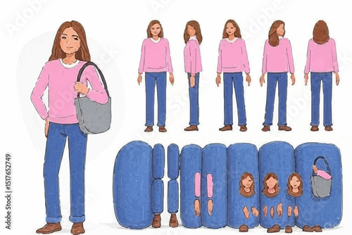 Young casual business woman character constructor for animation. Front, side and back view set. Body parts, postures, poses collection. Vector illustration.