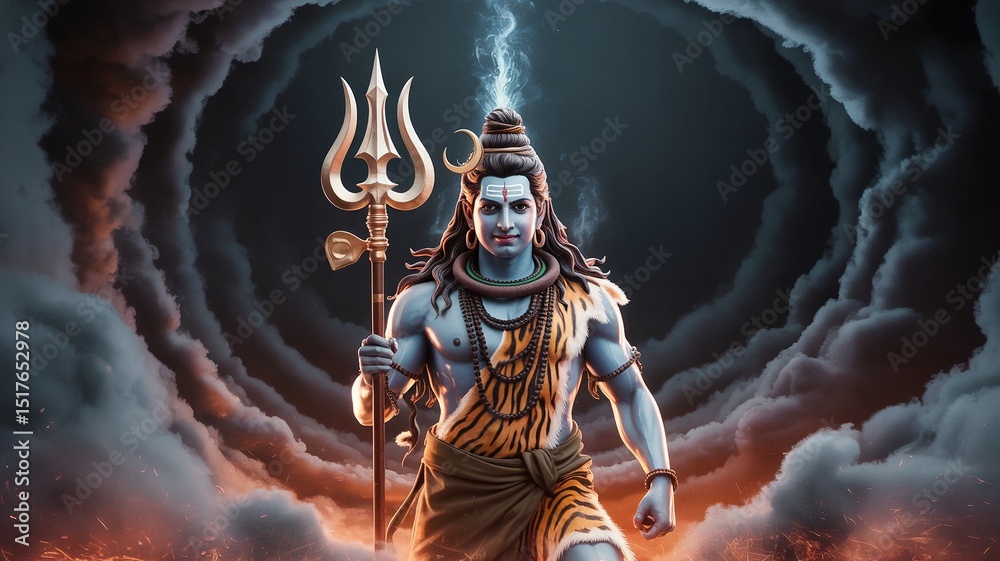 Naklejka premium Mahadev (Lord Shiva) , HIndu Shiva, Trishul, Stormy Clouds, Divine Pose