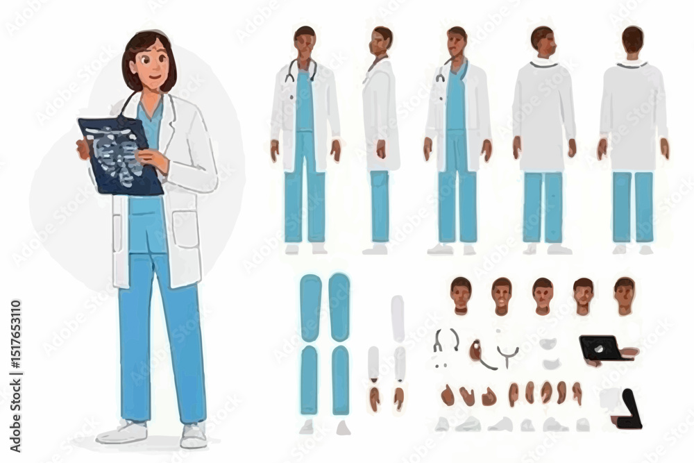 Female doctor surgeon, radiologist in hospital. Character constructor for animation. Front, side and back view set. Body parts, postures, poses collection. Vector illustration. Female doctor surgeon, radiologist in hospital. Character constructor for animation. Front, side and back view set. Body parts, postures, poses collection. Vector illustration.