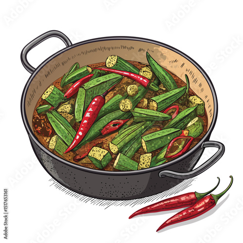 A close-up shot of a sizzling kadai brimming with vibrant bhindi fry, generously garnished with bright red chilies.  The oil glistens.