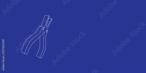 The outline of a large round pliers symbol made of white lines on the left. 3D view of the object in perspective. Vector illustration on indigo background