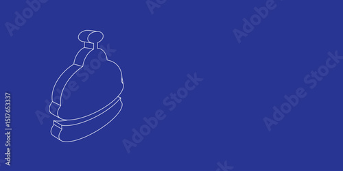 The outline of a large reception bell symbol made of white lines on the left. 3D view of the object in perspective. Vector illustration on indigo background