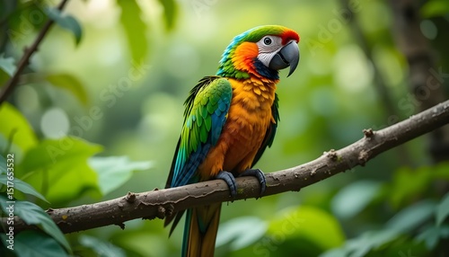 Majestic Parrot Perched on Branch a Vibrant Display of Nature s Beauty in Lush Rainforest with bokeh sharp photo