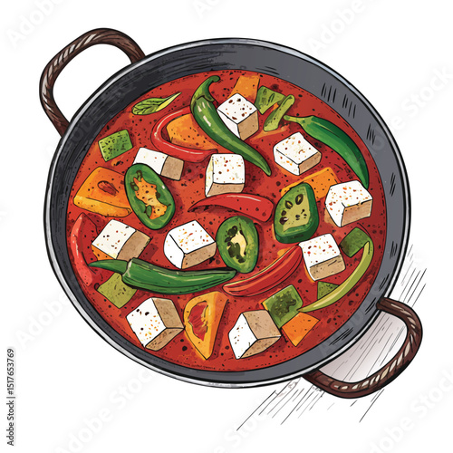 A vibrant, close-up shot of Kadai Paneer, showcasing its rich gravy, tender paneer cubes, and colorful bell peppers and tomatoes.