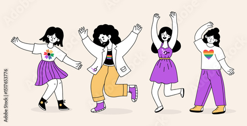 Happy LGBTQ People Dancing. Pride Month. LGBT community. Fun holiday Gay and lesbians set. Minimalist isolate hand Doodle drawing. Vector Illustration for design, social media, unity and equal love