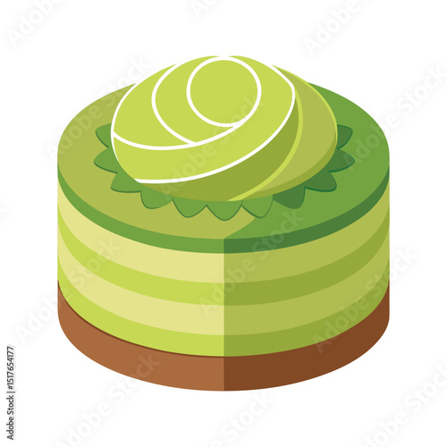 Isometric illustration of a delicious green cake dessert with cream icing and layers on white background