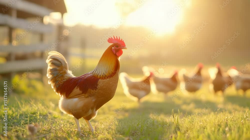 Golden sunlight bathing farmyard rooster strutting confidently across grassy pasture while hens pecking near rustic chicken coop during warm morning hours