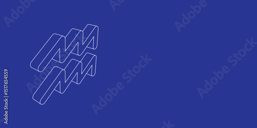 The outline of a large zodiac aquarius symbol made of white lines on the left. 3D view of the object in perspective. Vector illustration on indigo background