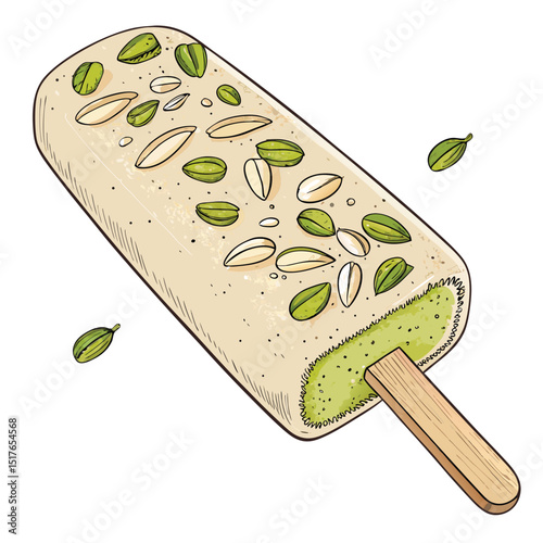 A delectable pistachio-topped kulfi on a stick, presented against a beige backdrop.  The image showcases the creamy texture and vibrant green pistachio garnish.