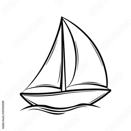 Simple black and white illustration of a sailboat sailing on the ocean waves