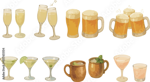 Watercolor Alcohol and Cocktail Set – Champagne, Beer, Martini, Moscow Mule and More