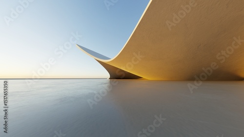 Abstract white curved architecture background, Empty wavy space with reflected concrete floor, Futuristic modern interior backdrop, 3d rendering of twisted building