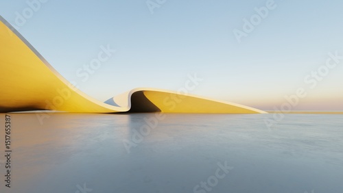 Fototapeta Naklejka Na Ścianę i Meble -  Abstract white curved architecture background, Empty wavy space with reflected concrete floor, Futuristic modern interior backdrop, 3d rendering of twisted building