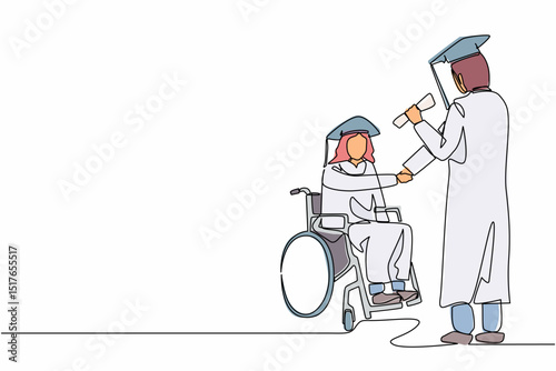 Single one line drawing disabled Arabian man student receiving graduation from university rector. Disability bachelor, inclusive education concept. Continuous line design graphic vector illustration