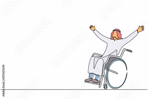 Single continuous line drawing Arabian man sitting in wheelchair, raising hands in happiness, rehabilitation concept. Happy young man in wheelchair. One line draw graphic design vector illustration