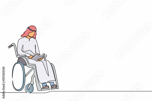 Continuous one line drawing young positive student disabled reads a book while sitting in a wheelchair. Disability Arabian man studying in college. Single line draw design vector graphic illustration