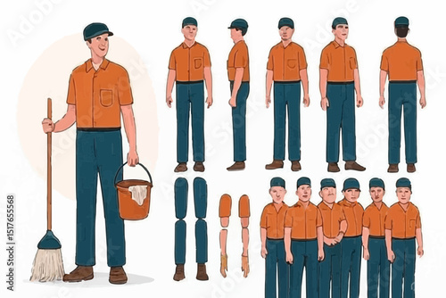 
Janitor worker, cleaner wearing uniform holding mop and bucket. Character for animation. Front, side and back view set. Body parts, postures, poses collection. Vector illustration