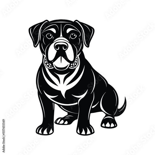 Stylish black and white illustration of a sitting bulldog posed on a clean white background