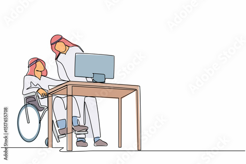 Continuous one line drawing disabled Arabian man in wheelchair works in an office behind desk and computer. Interaction and communication with colleague. Single line design vector graphic illustration