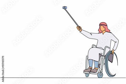 Continuous one line drawing Arabian male young wheelchair user taking selfie with phone and stick. Society and disabled people community concept. Single line draw design vector graphic illustration