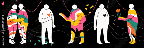 Set of Hand drawn various people silhouettes, lines and spots on black background. Abstract contemporary modern vector illustrations. Colorful flat design.