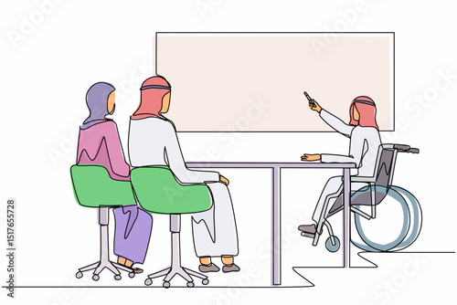 Single continuous line drawing disabled Arab businessman giving presentation to colleagues. Coworker listening to disability executive in wheelchair presenting in office. One line draw design vector