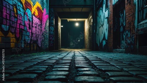 Darkness engulfs an abandoned, grimy city alley at night, hinting at danger and crime