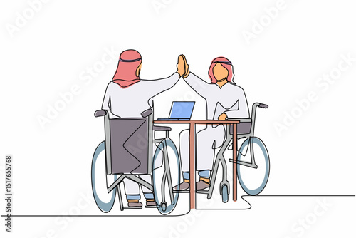 Continuous one line drawing two disabled Arab men give high five coworker. Office worker sitting in wheelchair joy. Colleague celebrating success. Good job sign. Single line design vector illustration