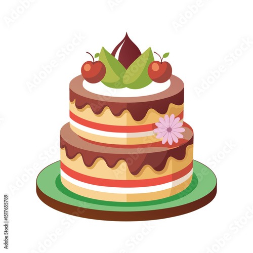 Two tiered festive cake with cherries and floral decoration for celebration and parties
