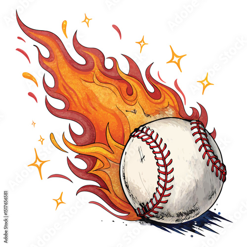 Design a looping banner encircling a spiked baseball, incorporating flames.  The banner should be vibrant and dynamic.