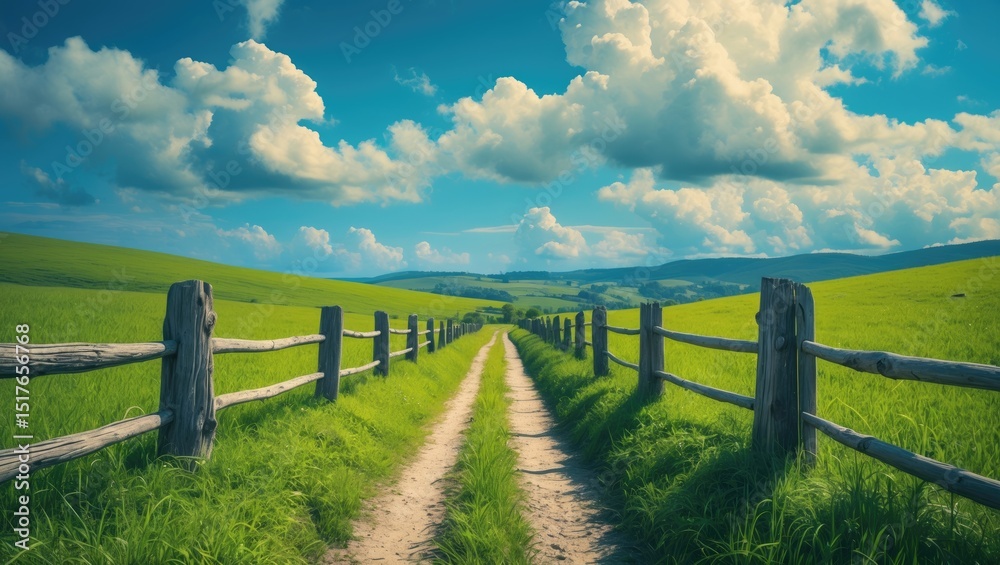 Fototapeta premium Country road through open fields under a bright blue sky