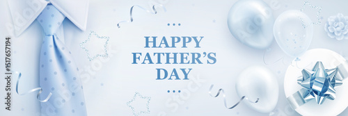 Happy father's day greeting card with realistic 3d tie, gift box, helium balloons and flower. Father day horizontal banner, poster design template. Festive wallpaper. Vector illustration