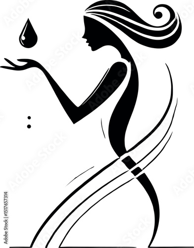 A minimalist black-and-white image featuring an elegant female silhouette with an oil drop silhouette, as a drop of oil falls onto her hand, representing wellness and aromatic scents.
