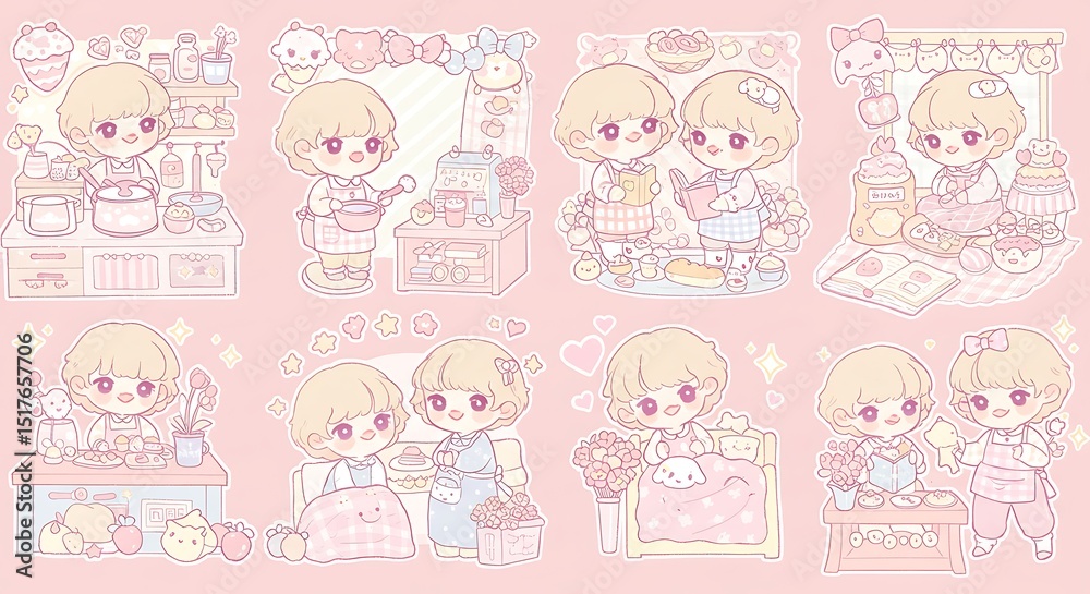 Cute Cartoon Characters Cooking and Playing in a Pastel Pink Setting Cute Cartoon Characters Cooking and Playing in a Pastel Pink Setting