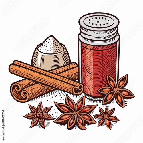 A vibrant, close-up shot of a masala chai brewing setup  spiced tea in a pot,  cinnamon sticks, and various spice jars.  Warm lighting.