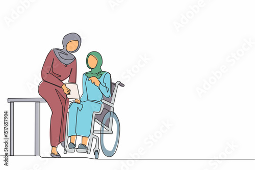 Single continuous line drawing Arabian businesswoman sitting on wheelchair presenting business graph on paper to manager. Corporate colleagues in the modern office. One line draw graphic design vector