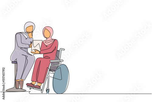 Single continuous line drawing disabled Arab woman patient in wheelchair talking with doctor, discuss results of medical examination. Doctor hold checklist. One line graphic design vector illustration