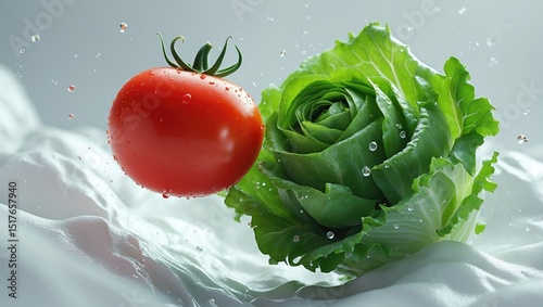 Creative vegan artwork featuring fresh organic cabbage shaped like a boxing glove punching a red tomato against a white background, emphasizing healthy food and natural ingredients.