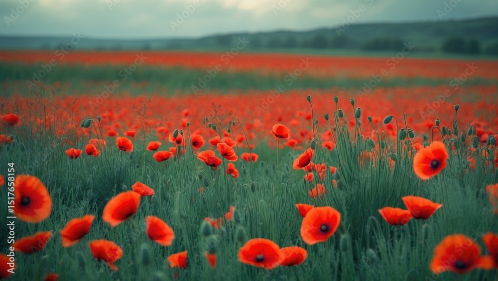 Obraz premium Scenic Green Landscape with Blooming Red Poppies in Cornwall