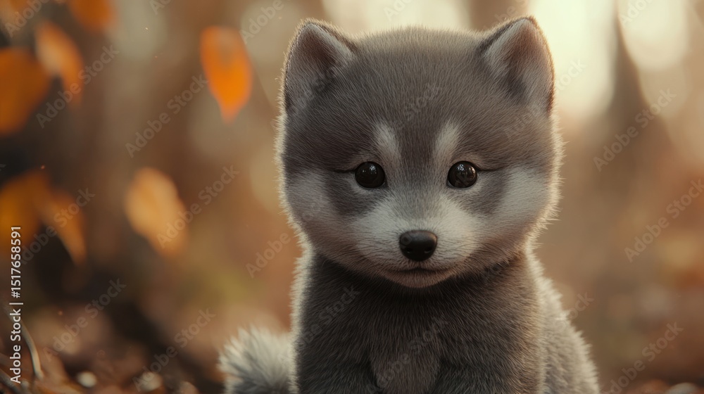 Obraz premium Captivating close up of a charming fluffy husky puppy in autumn scenery