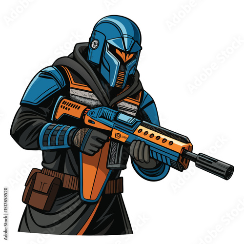 A futuristic bounty hunter, masked and cloaked, wielding a vibrant blue plasma rifle, stands poised and ready for action.  Detailed textures and lighting are crucial.