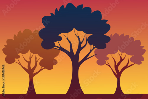Autumn tree silhouette illustration with colorful fall leaves