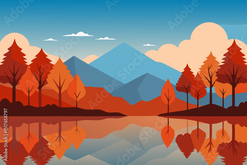 An ethereal autumn mountain landscape unfolds as the sun dips below the horizon, casting a beautiful glow across the foggy hills and valleys