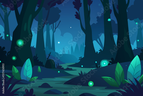dreamy forest glade lit by bioluminescent plants background
