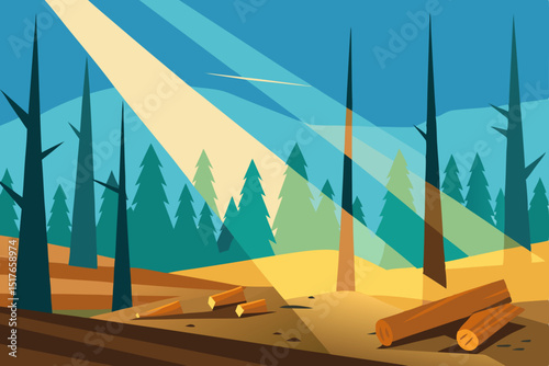 dry pine forest with fallen logs and sunrays background