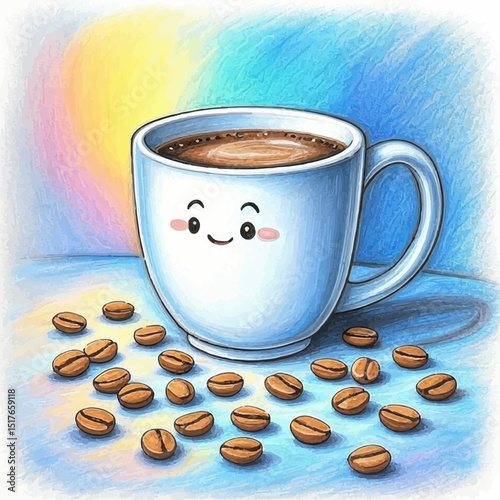 Vector logo design template and graphic elements for advertising, branding, posters and banners, funny cartoon illustrations with smiling character, coffee cup mascot, print and sticker